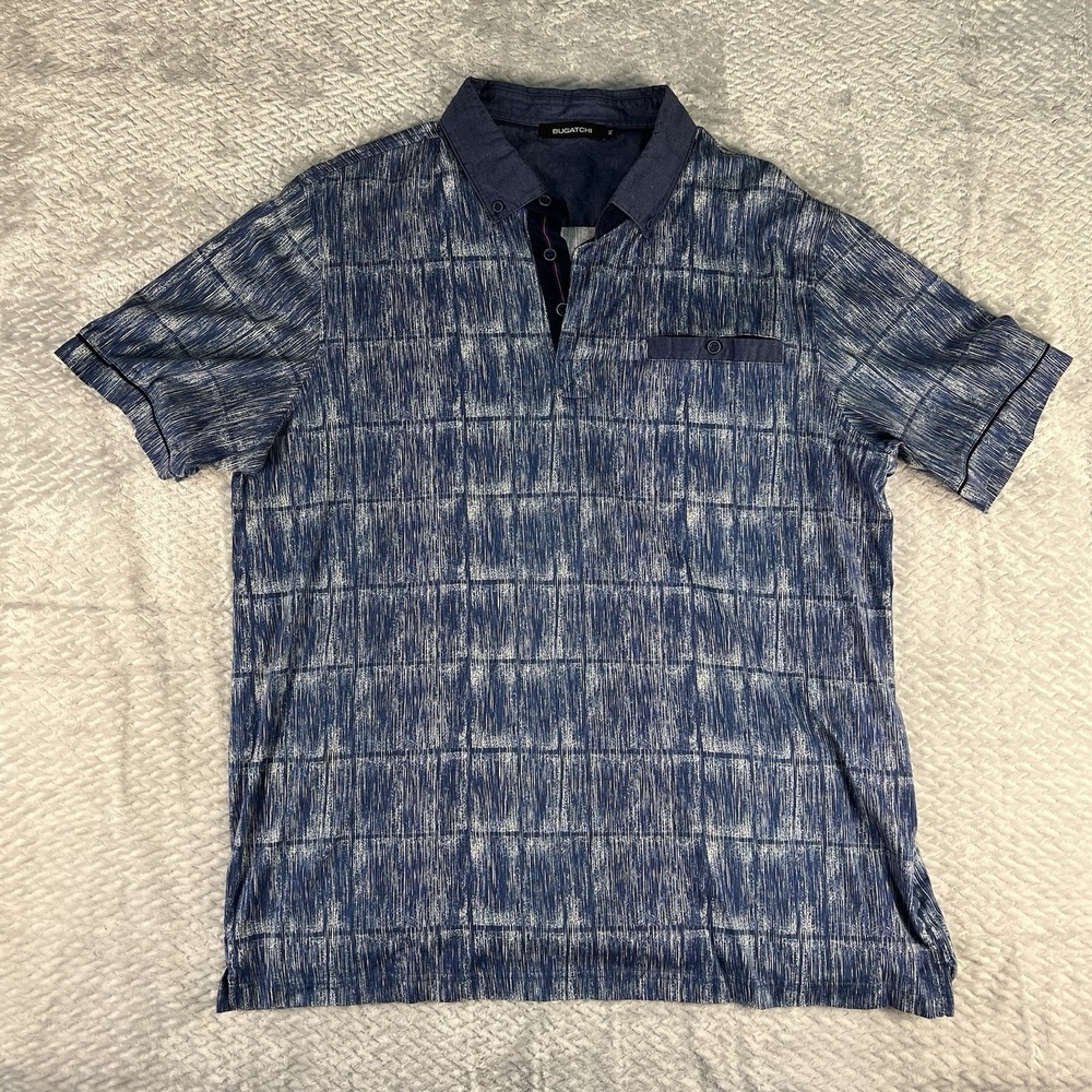 Bugatchi Polo Shirt Mens XL Black Blue Abstract Print Short Sleeve Cotton Modern